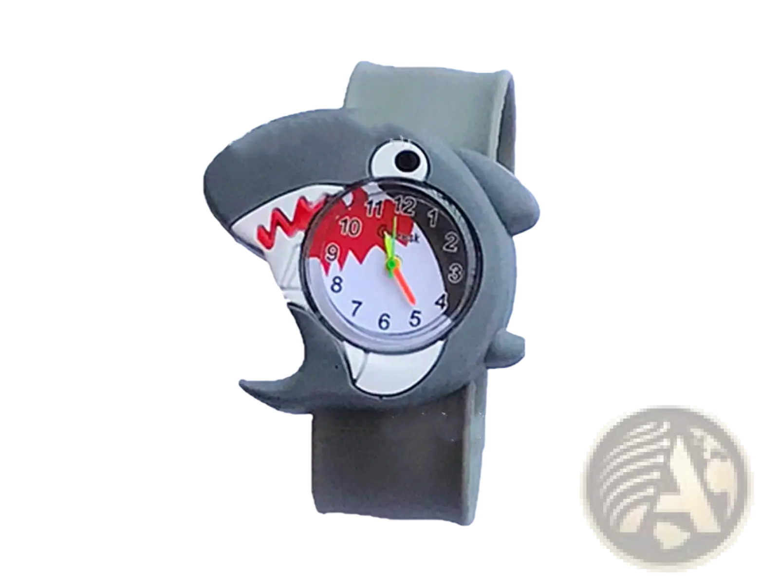 Kids 3d cartoon animal silicone wristwatch shaped like a gray shark with red and white face and multicolored hands