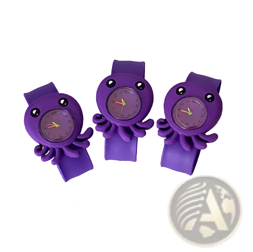 Purple octopus-shaped kids 3d cartoon animal silicone wristwatch with black eyes and round face