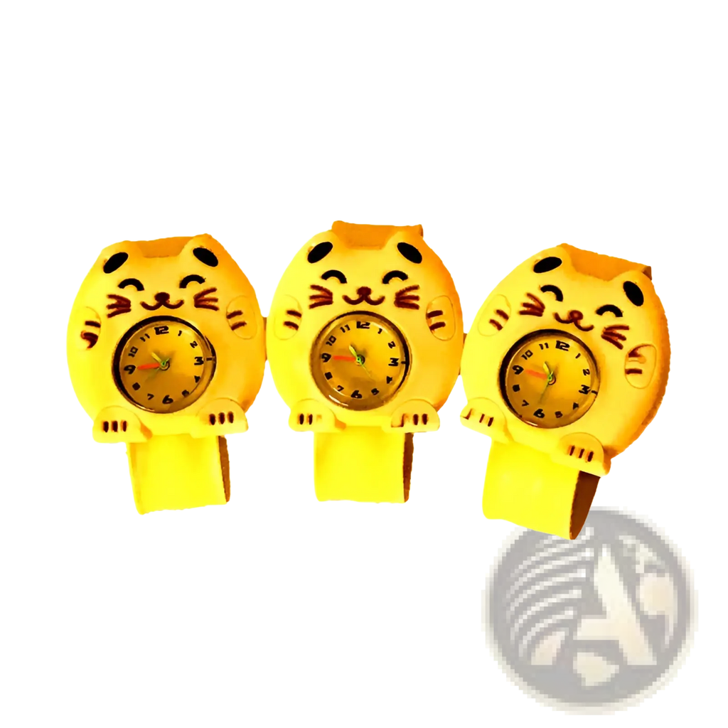 Kids 3d cartoon animal silicone wristwatches featuring three bright yellow cat-shaped designs with smiling faces and red whiskers