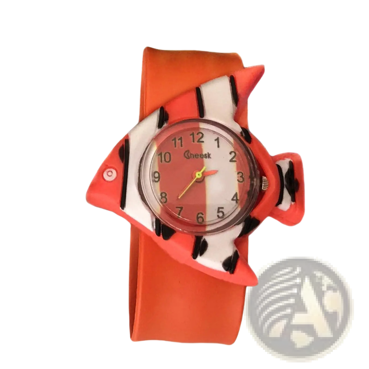 Kids 3d cartoon animal silicone wristwatch featuring an orange and white striped fish design with a flexible band