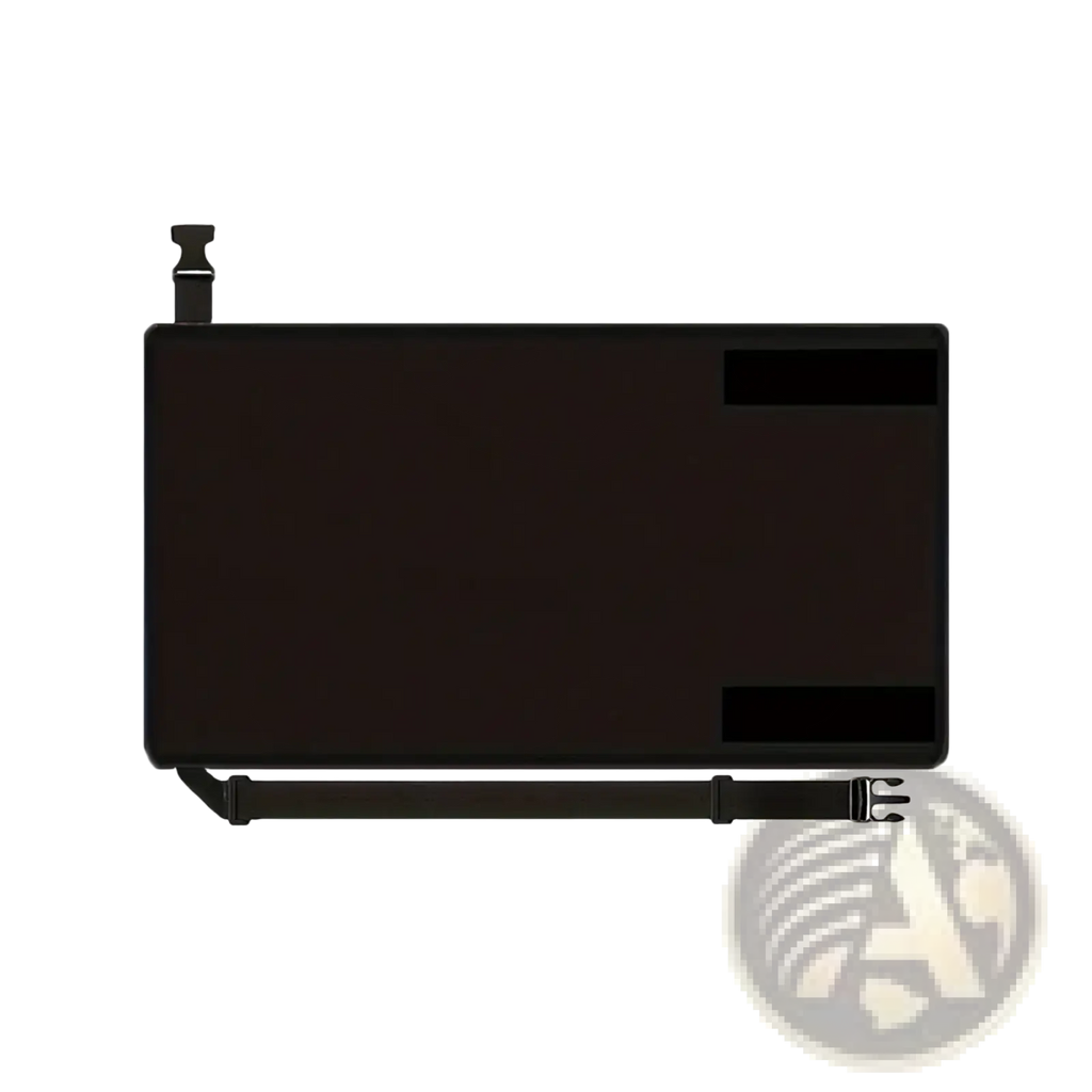 Back side of a black rectangular matte kids airplane footrest travel bed seat extender with adhesive strips and adjustable strap