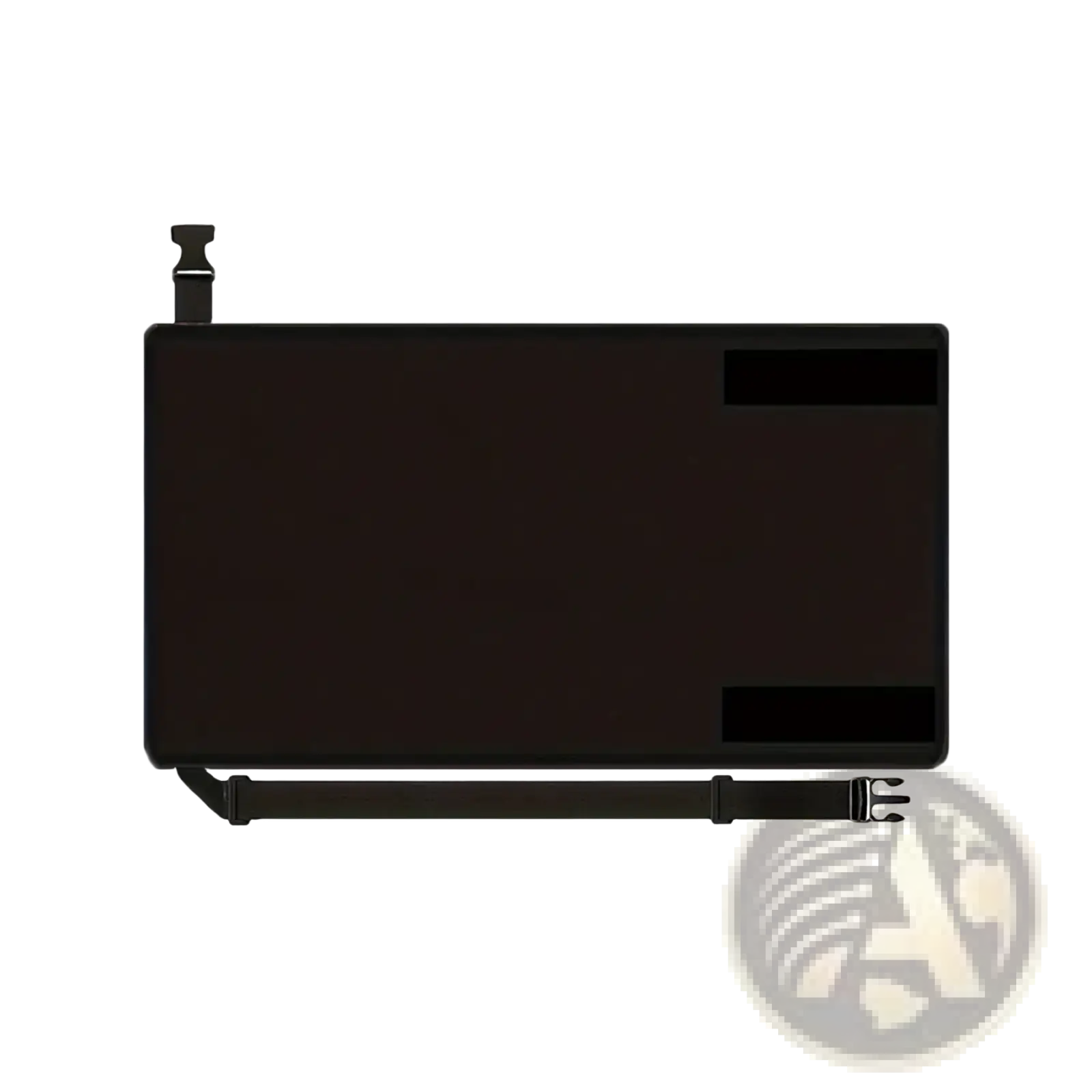 Back side of a black rectangular matte kids airplane footrest travel bed seat extender with adhesive strips and adjustable strap