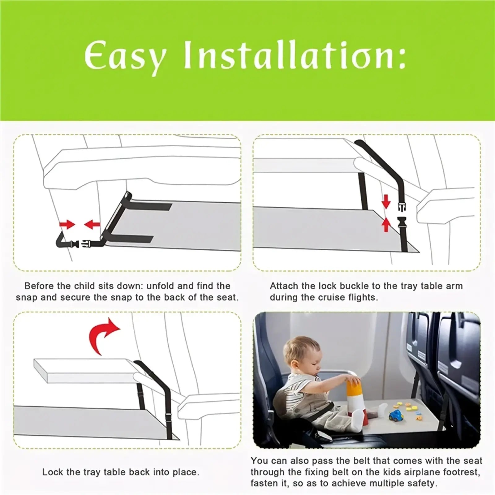 Black plastic airplane tray table mount with adjustable arms and snap fasteners for kids airplane footrest travel bed extender