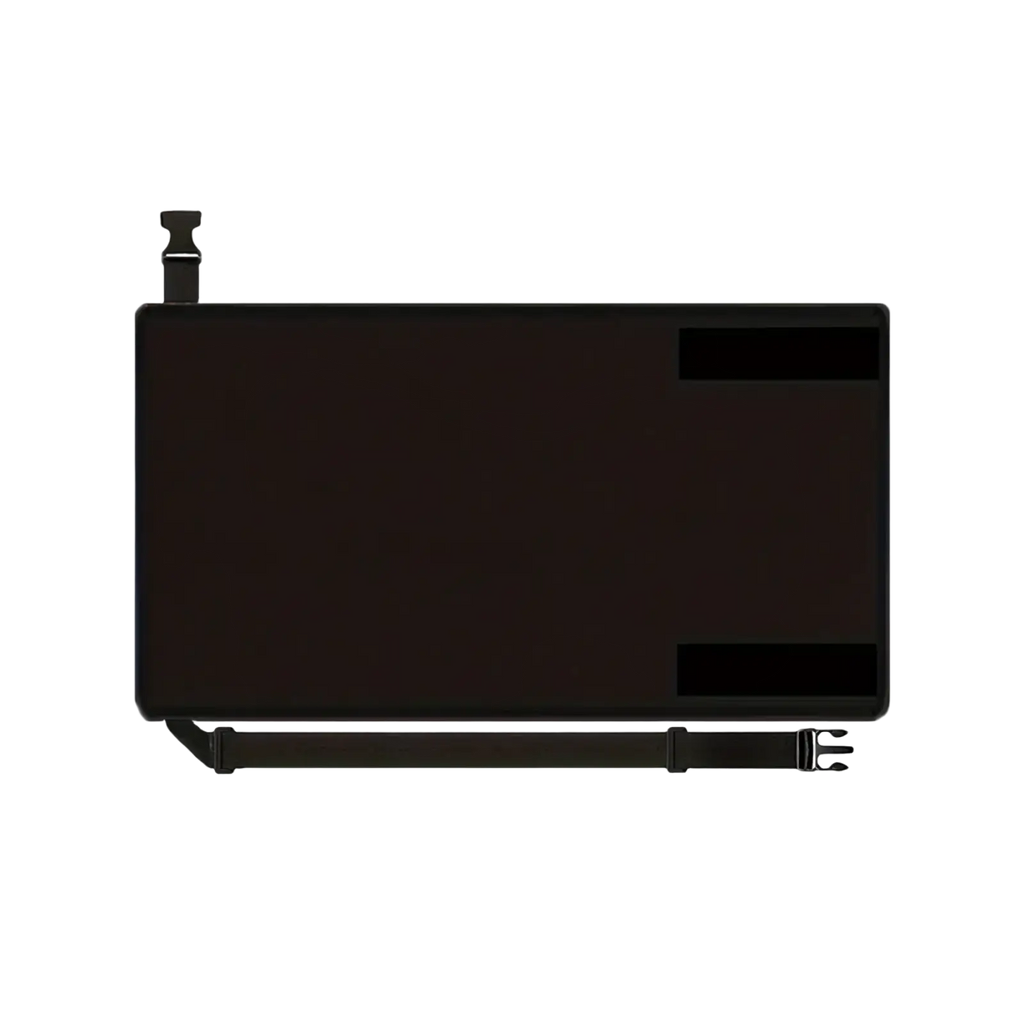 Back side of a black rectangular matte kids airplane footrest travel bed seat extender with adhesive strips and adjustable strap