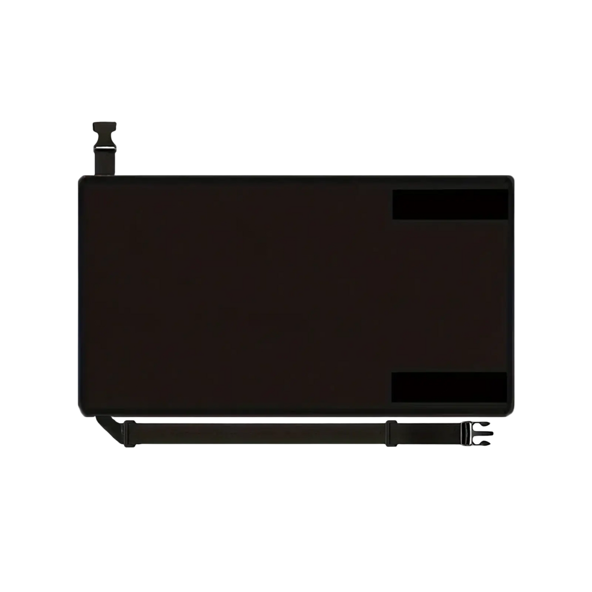 Back side of a black rectangular matte kids airplane footrest travel bed seat extender with adhesive strips and adjustable strap