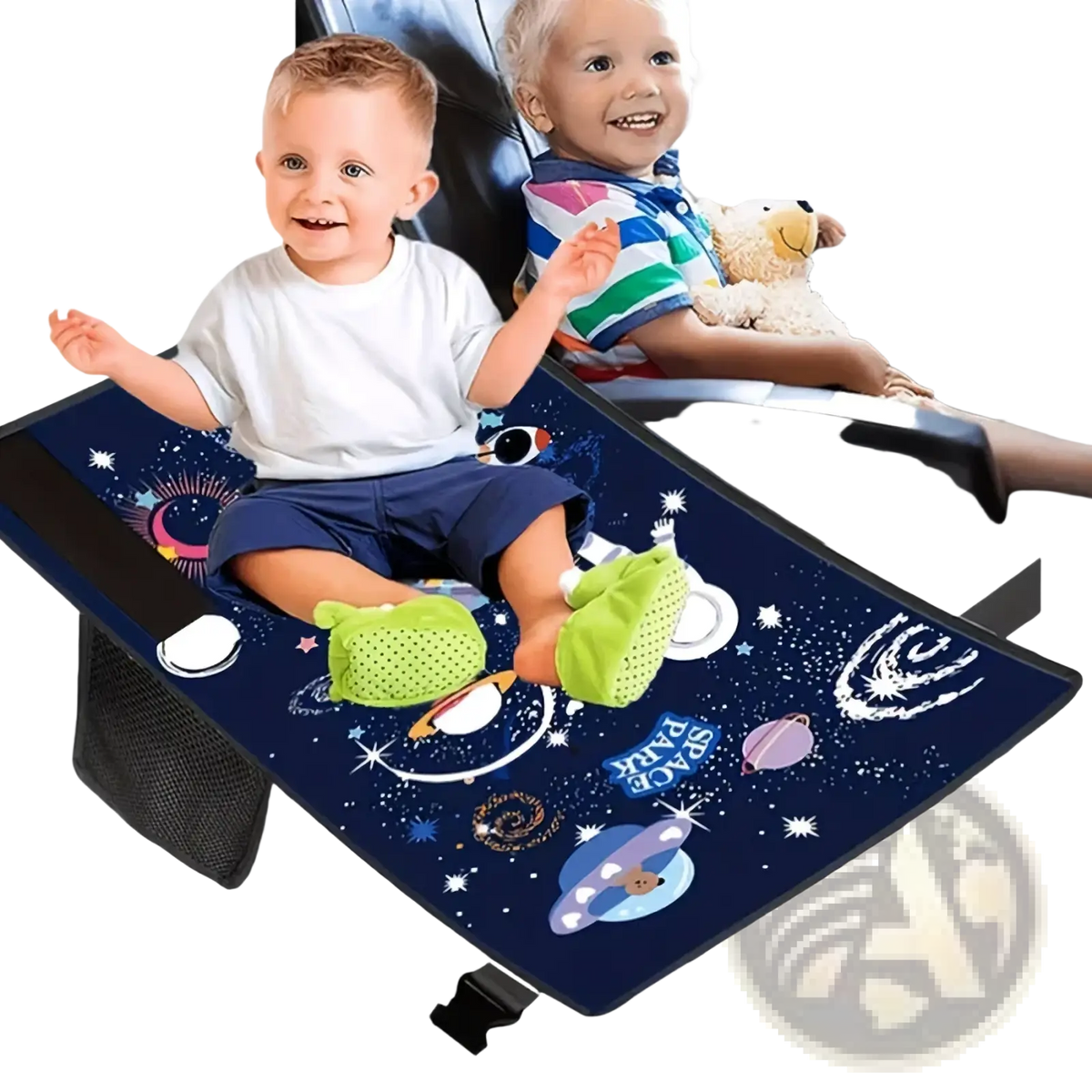 Blue space-themed kids airplane footrest travel bed seat extender with cartoon planets and stars design on cushion