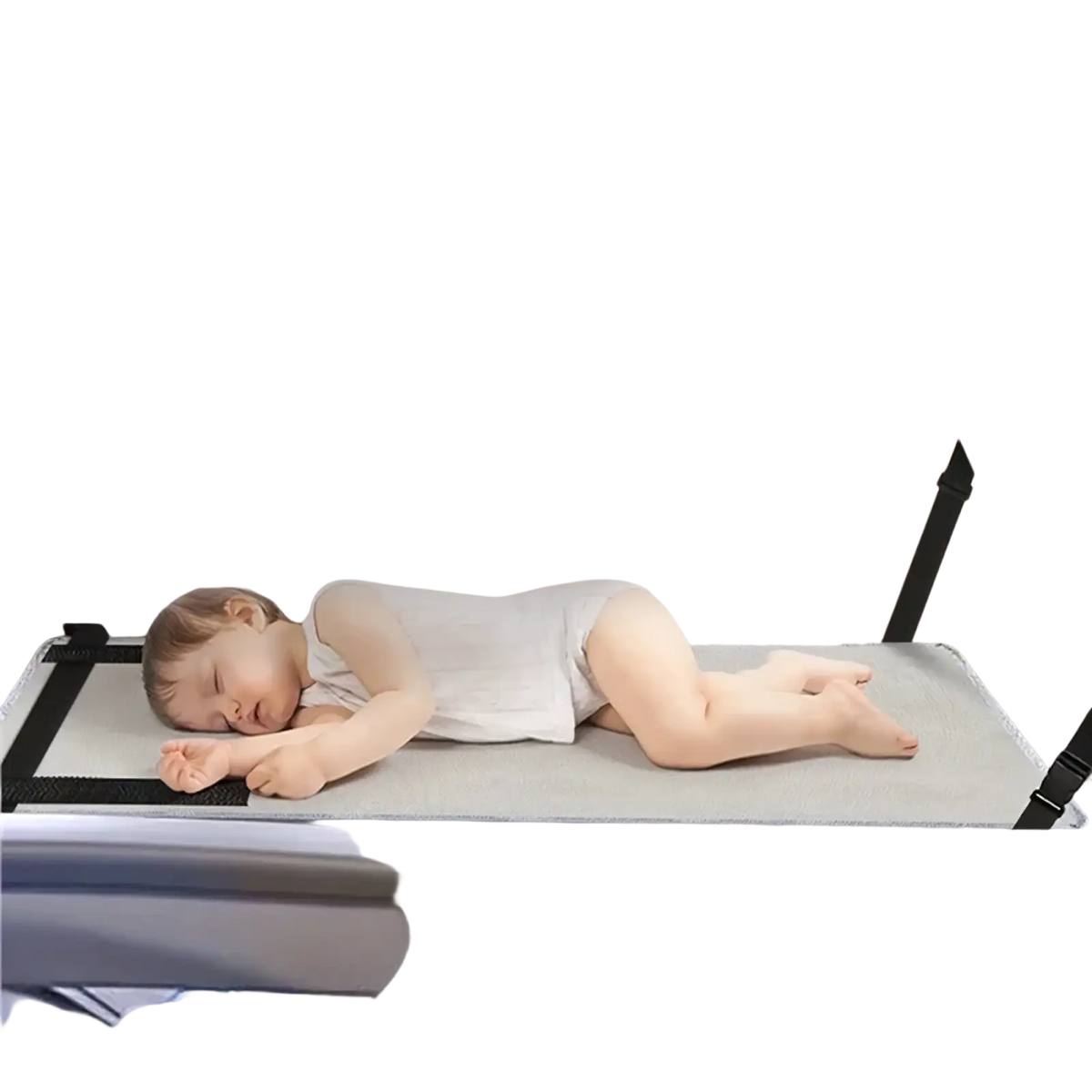 Gray kids airplane footrest travel bed seat extender with padded surface and adjustable black straps for aircraft seats