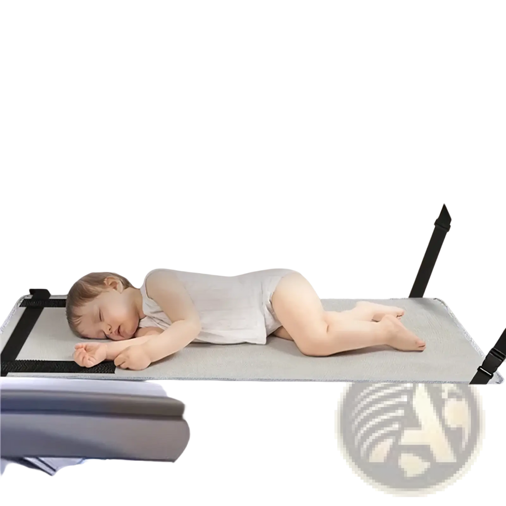 Gray kids airplane footrest travel bed seat extender with padded surface and adjustable black straps for aircraft seats