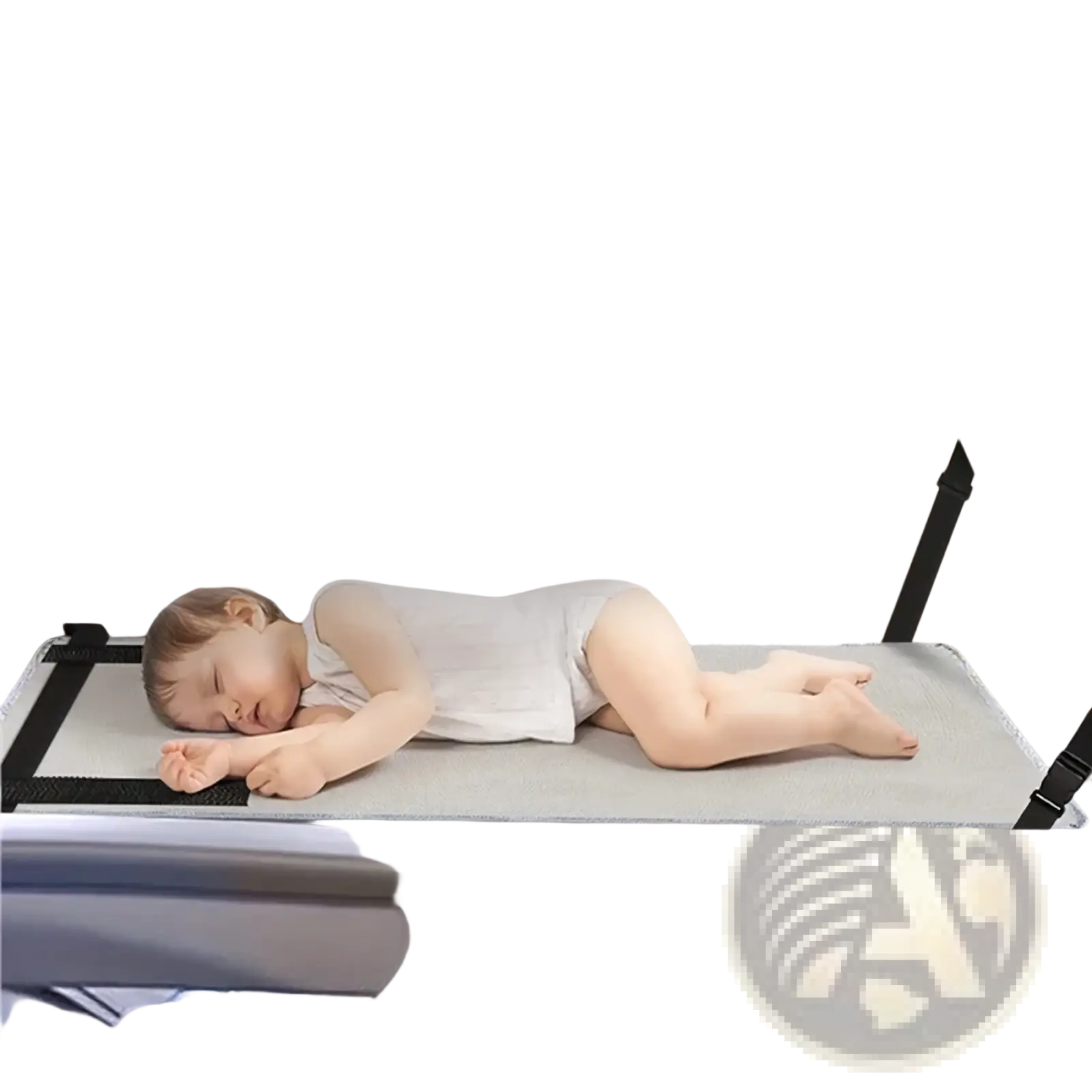 Gray kids airplane footrest travel bed seat extender with padded surface and adjustable black straps for aircraft seats