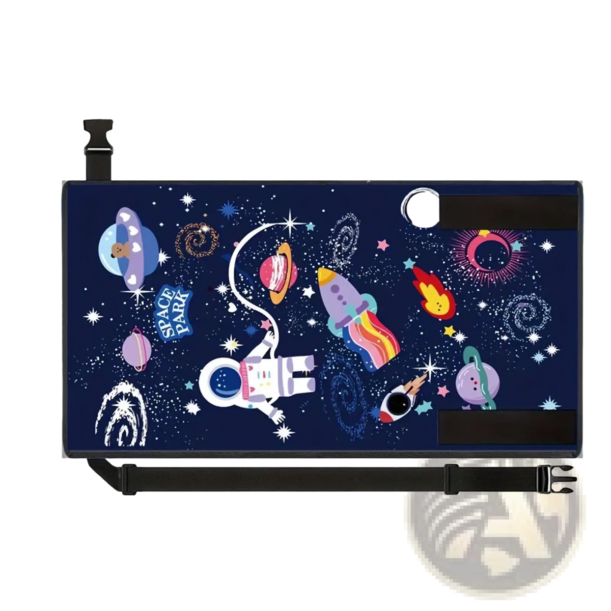 Kids airplane footrest travel bed seat extender with navy blue space-themed car seat cover featuring colorful astronauts rockets and planets