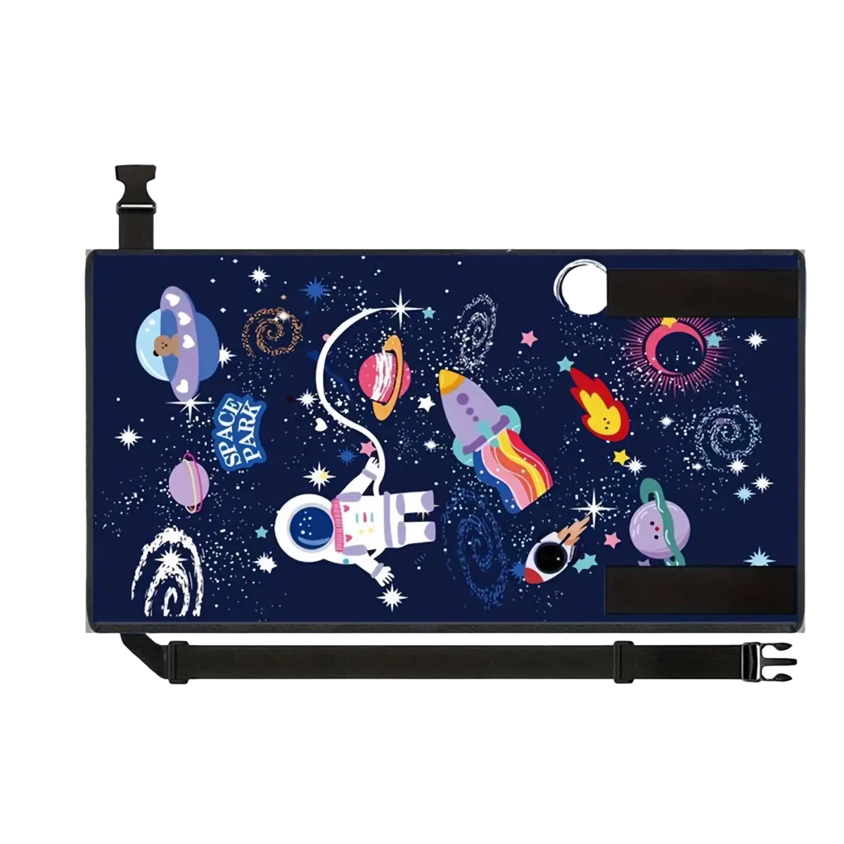 Kids airplane footrest travel bed seat extender with navy blue space-themed car seat cover featuring colorful astronauts rockets and planets