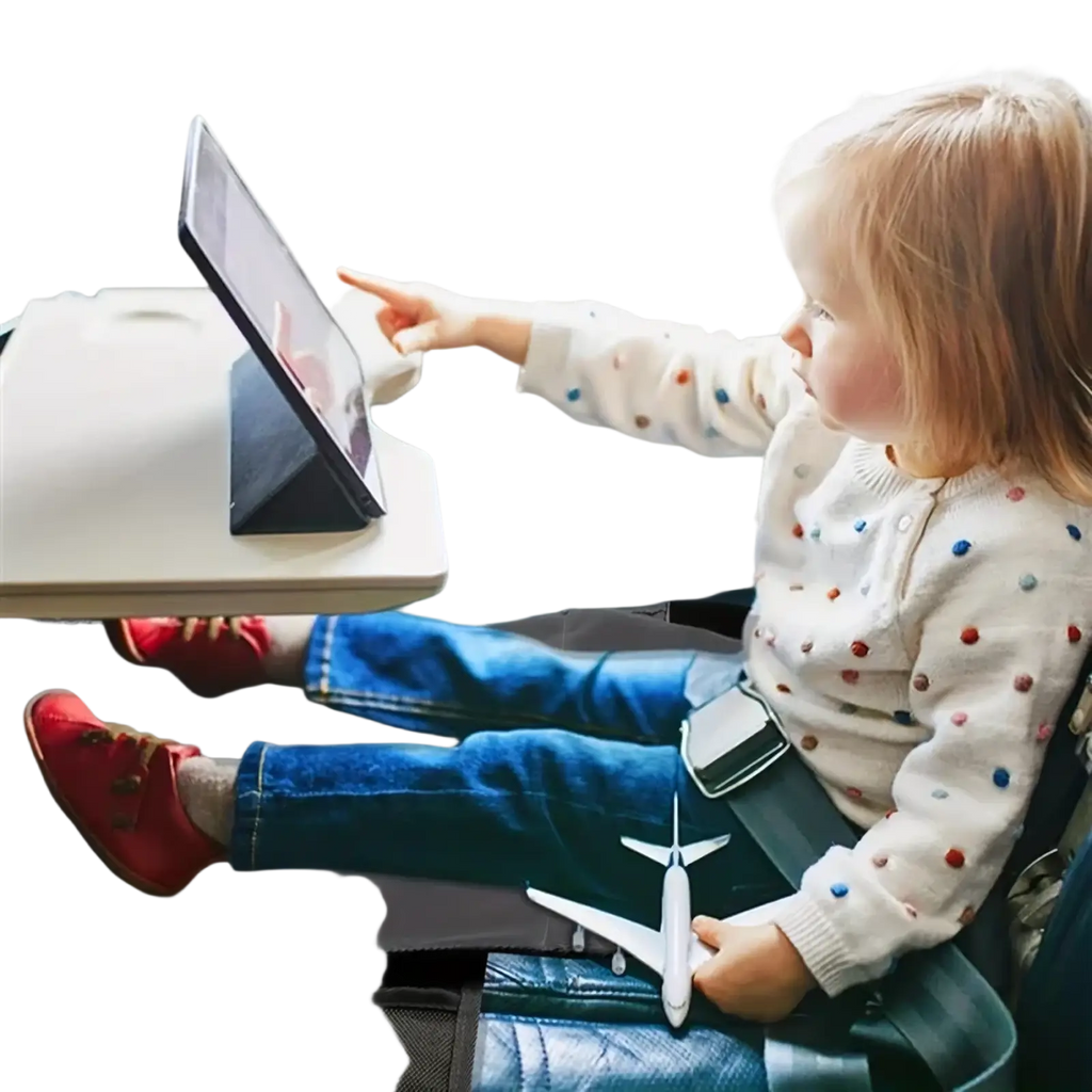 Kids airplane footrest travel bed seat extender shown with white polka-dot sweater featuring red and blue dots