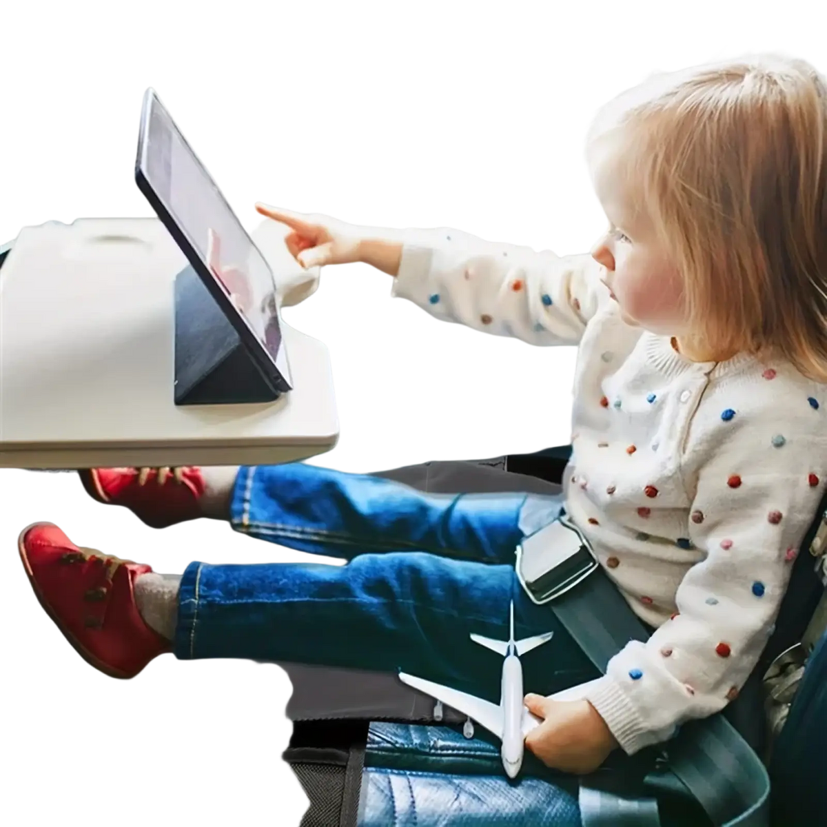 Kids airplane footrest travel bed seat extender shown with white polka-dot sweater featuring red and blue dots