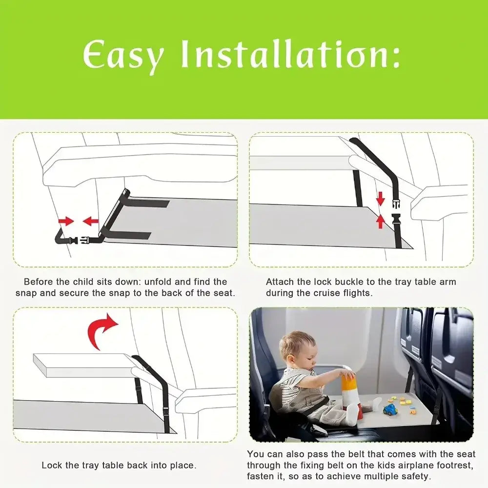 Black plastic kids airplane seat extender travel foot rest tray table safety mount with adjustable arms and snap fasteners