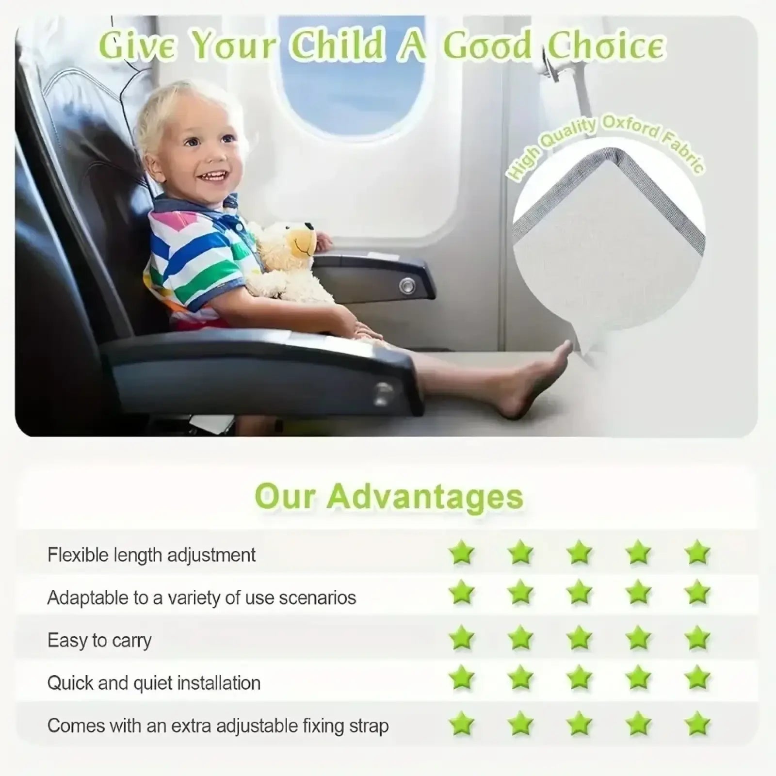 A child in a striped shirt sits comfortably on an airplane seat using a kids airplane seat extender travel foot rest