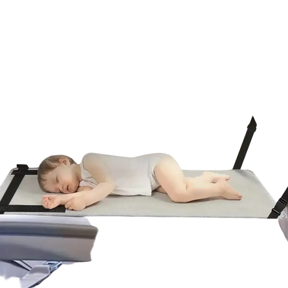 Gray kids airplane seat extender travel footrest with black straps providing comfort for toddlers during flights