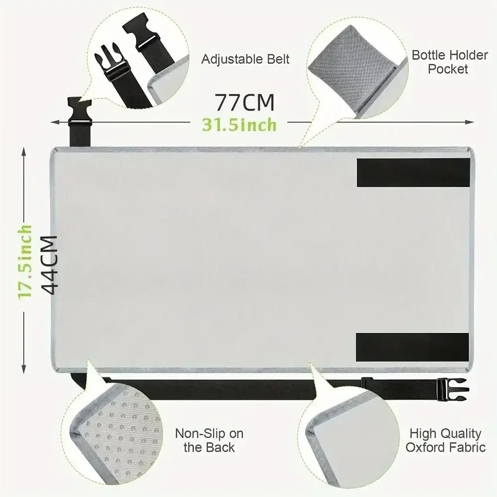 Kids airplane seat extender travel foot rest gray oxford fabric with black adjustable belt and bottle holder pocket
