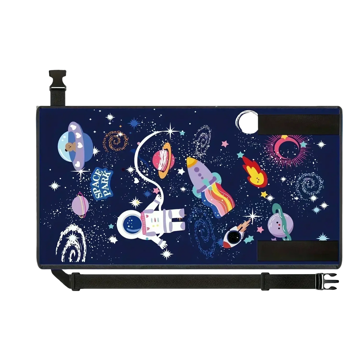 Kids airplane seat extender travel foot rest with navy blue space-themed laptop sleeve featuring colorful astronauts and adjustable strap