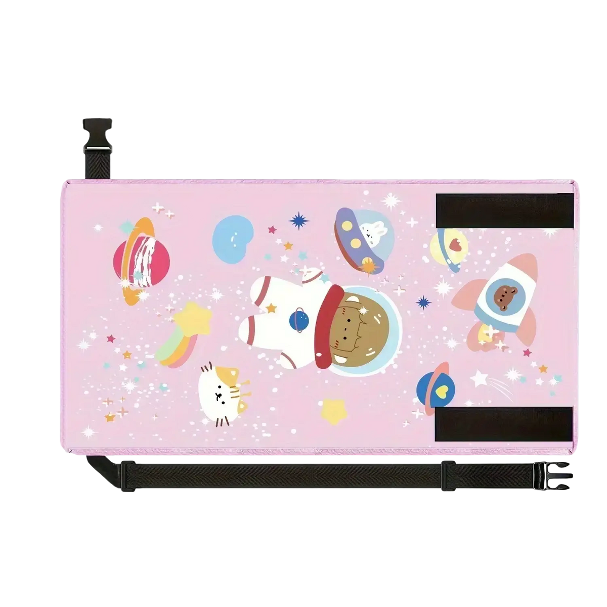 Kids airplane seat extender travel foot rest pink astronaut-themed laptop sleeve with cartoon characters and black straps