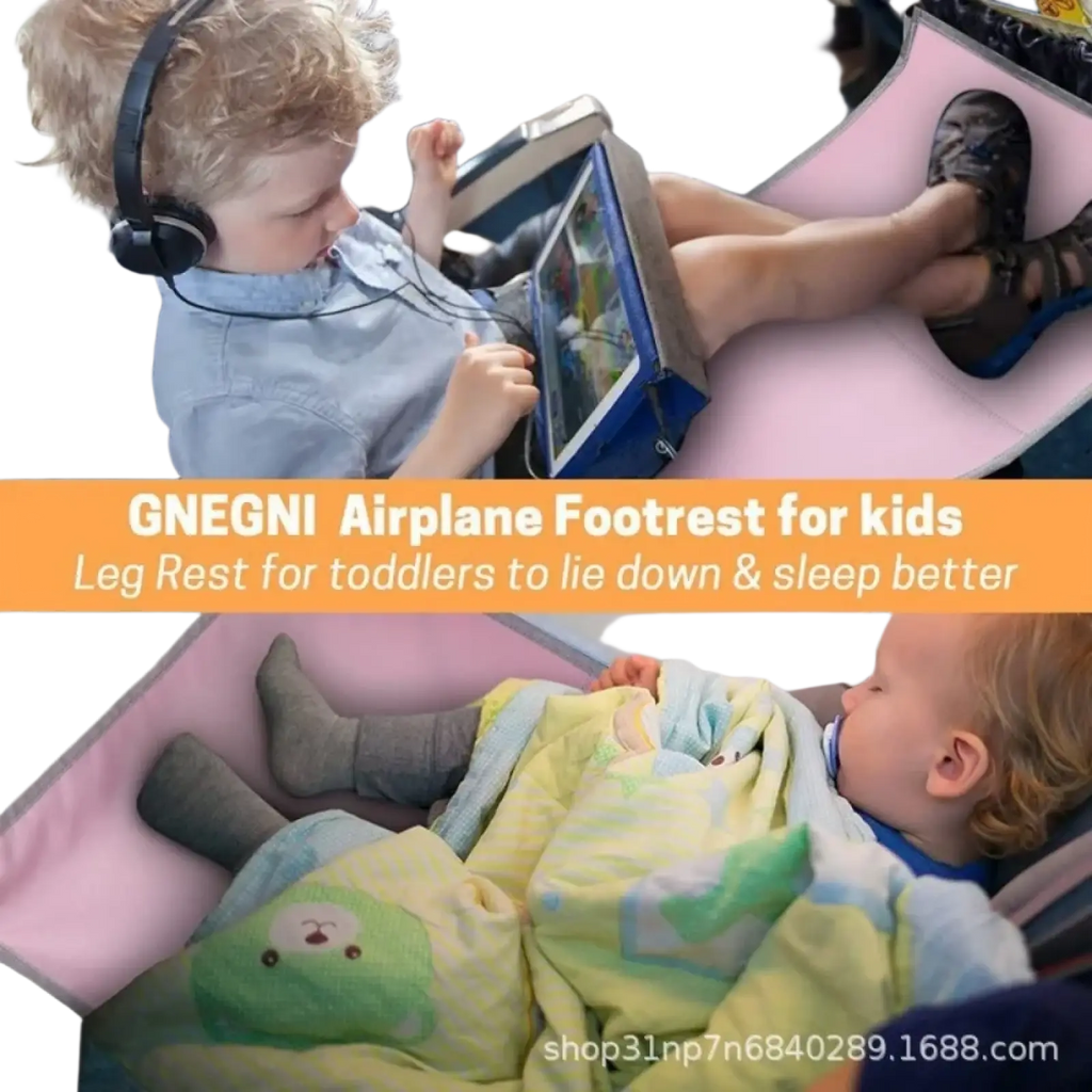 Kids airplane seat extender travel foot rest in pink with soft padding and gentle curve for toddler leg support