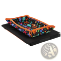 Kids airplane travel tray alpaca lap desk with a vibrant rectangular black fabric pet bed featuring colorful dinosaur patterns