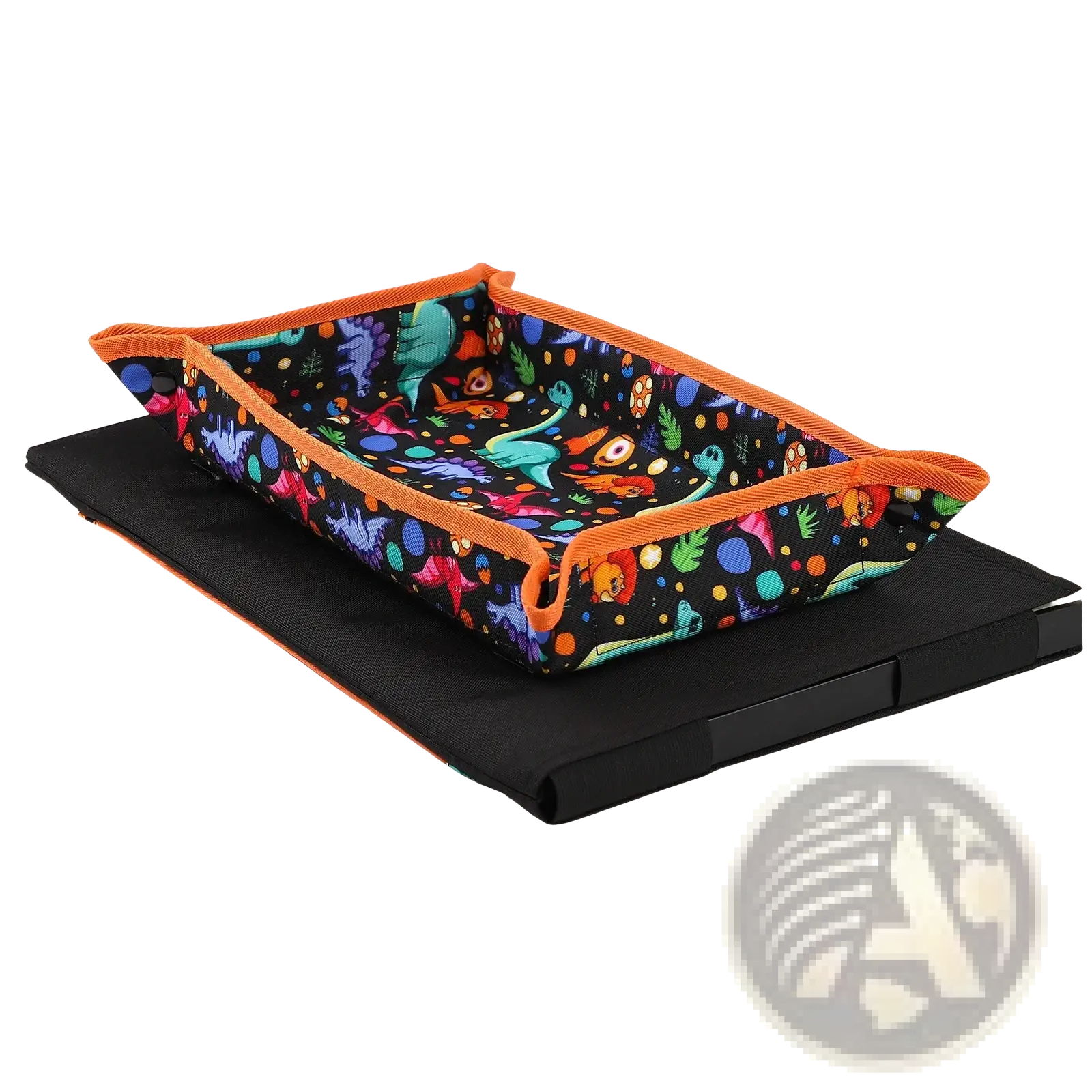 Kids airplane travel tray alpaca lap desk with a vibrant rectangular black fabric pet bed featuring colorful dinosaur patterns