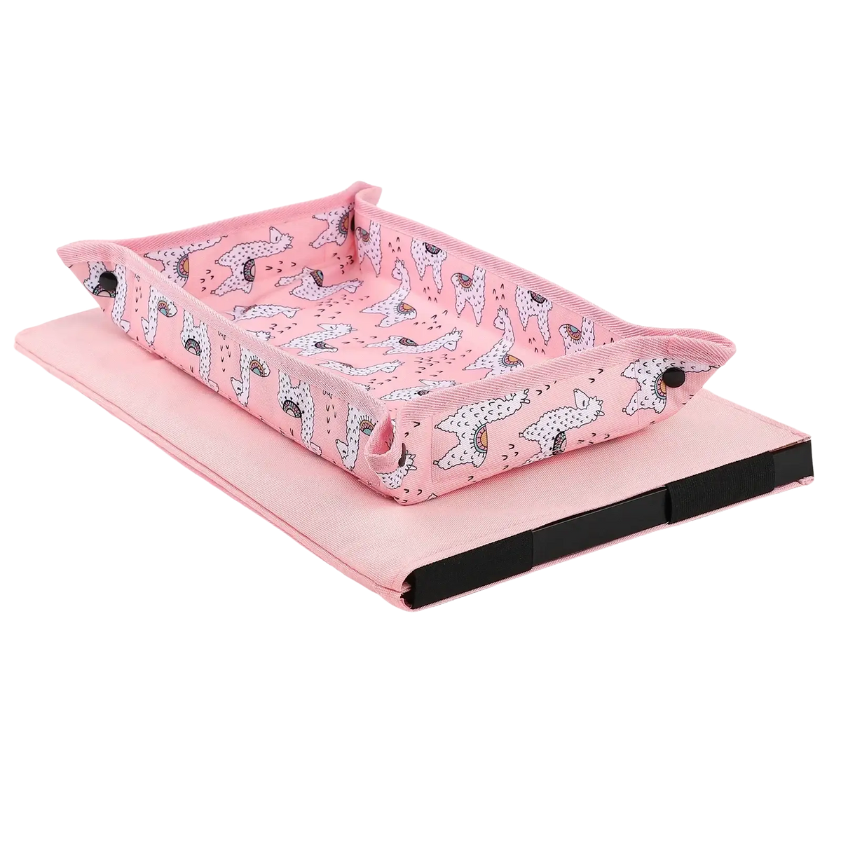 Pink fabric changing pad with playful alpaca pattern and black trim for kids airplane travel tray lap desk