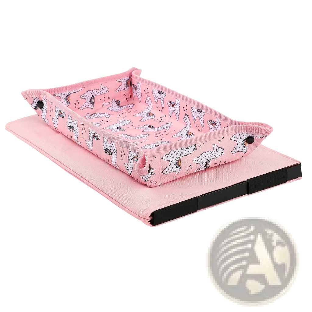 Kids airplane travel tray alpaca lap desk with pink fabric changing pad featuring playful alpaca pattern and black trim