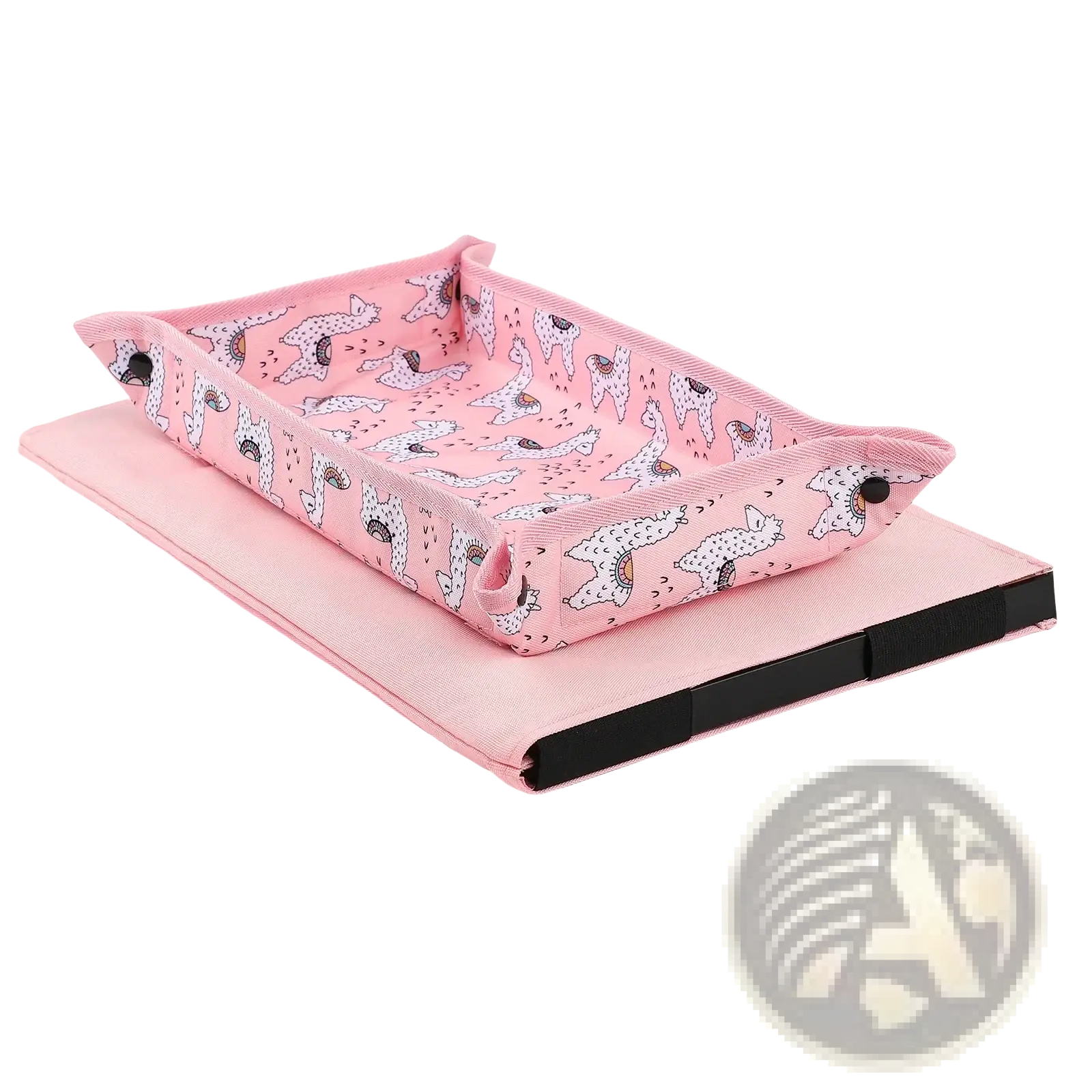 Kids airplane travel tray alpaca lap desk with pink fabric changing pad featuring playful alpaca pattern and black trim