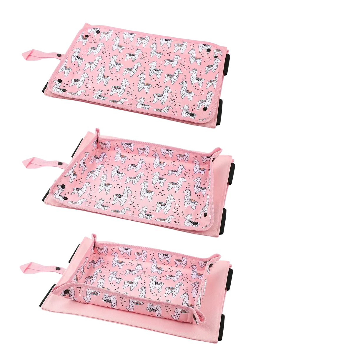 Kids airplane travel tray alpaca lap desk with a pink insular play mat featuring white alpaca pattern and adjustable corners