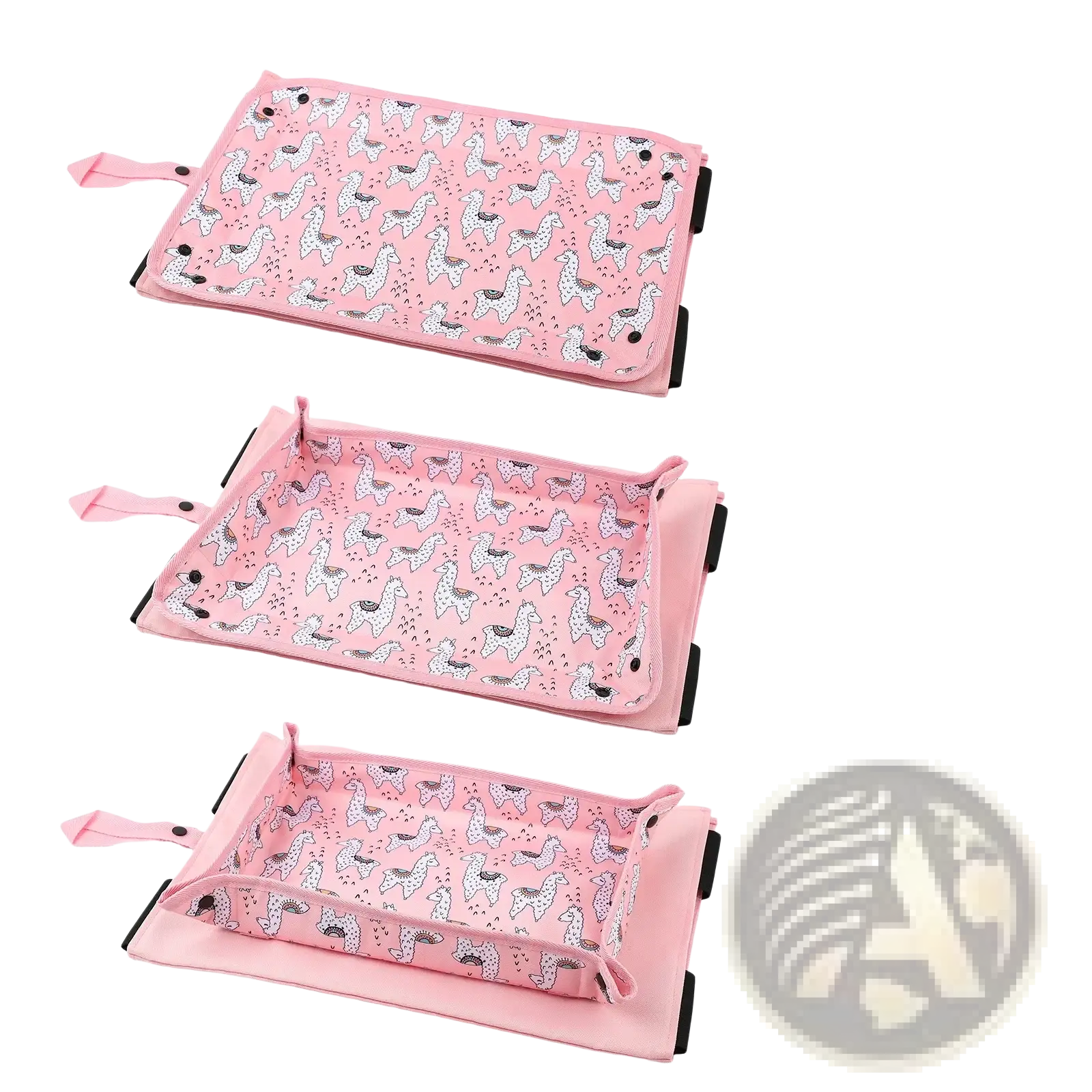 Kids airplane travel tray alpaca lap desk with a pink insular play mat featuring white alpaca pattern and adjustable corners