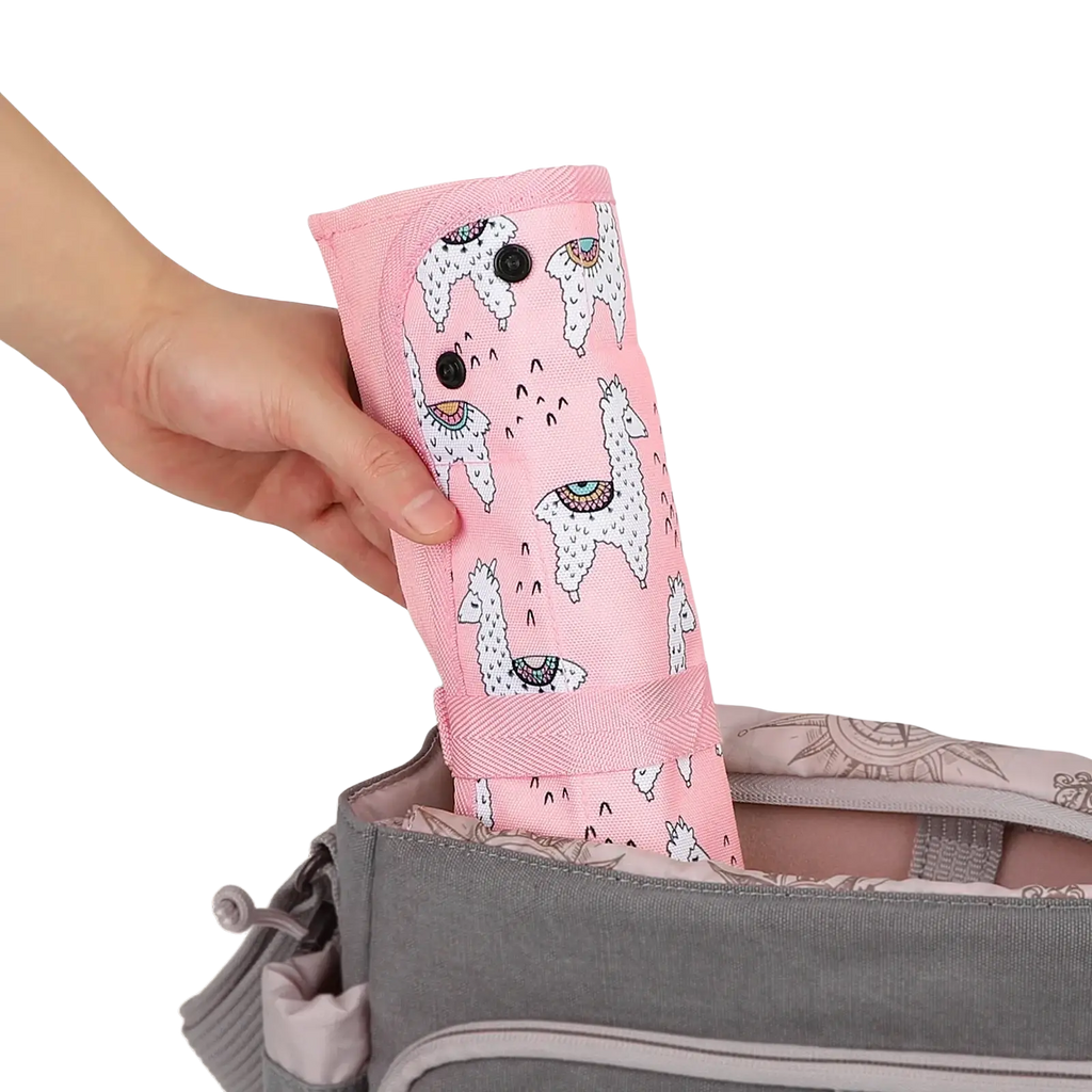 Pink insular roll-up baby bottle carrier with snap closure and playful alpaca pattern for kids airplane travel tray lap desk