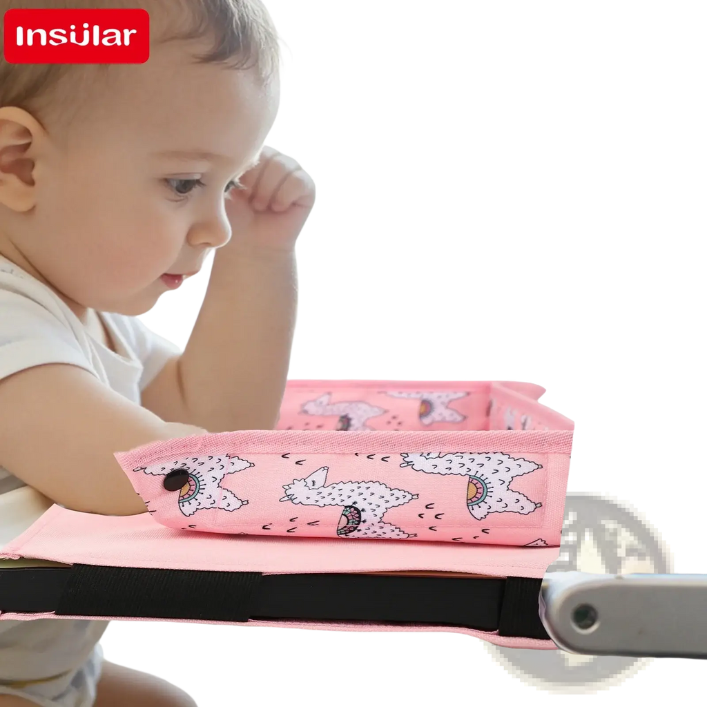 Pink insular airplane tray table cover with playful alpaca pattern for kids airplane travel tray alpaca lap desk