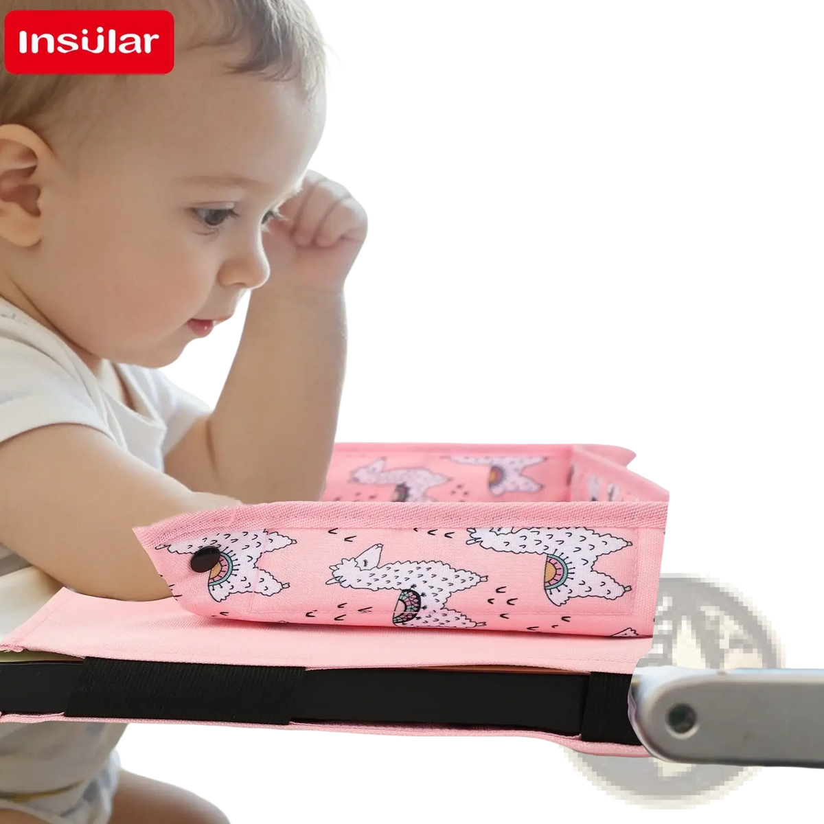 Pink insular airplane tray table cover with playful alpaca pattern for kids airplane travel tray alpaca lap desk