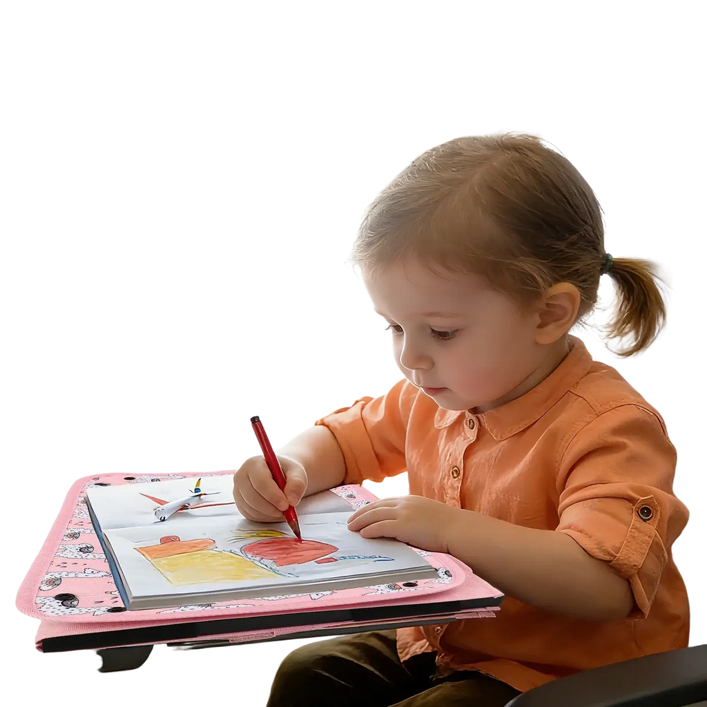 Kids airplane travel tray alpaca lap desk with pink insular cover featuring cartoon characters and black dots pattern