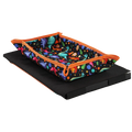 Kids airplane travel tray alpaca lap desk with a vibrant rectangular black fabric pet bed featuring colorful dinosaur patterns