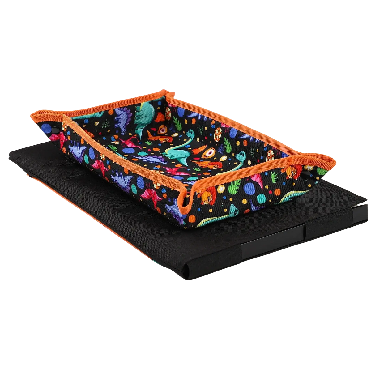 Kids airplane travel tray alpaca lap desk with a vibrant rectangular black fabric pet bed featuring colorful dinosaur patterns