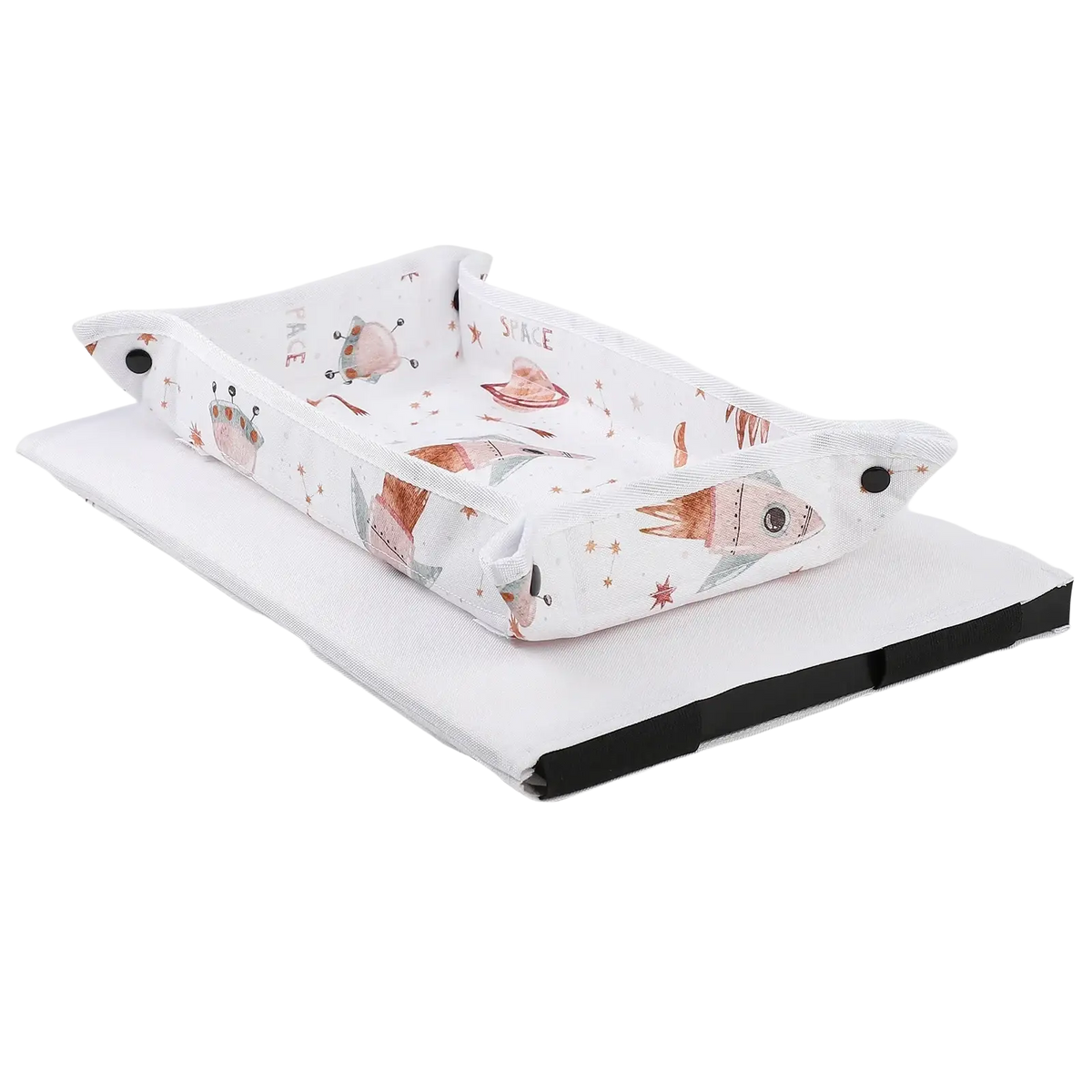 Kids airplane travel tray alpaca lap desk with white fabric changing pad featuring pink and brown rockets stars and aliens