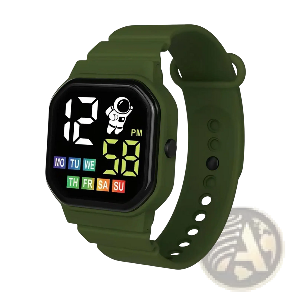 Kids astronaut led digital watch in olive green with square face displaying time day in white and yellow digits with astronaut graphic