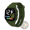 Kids astronaut led digital watch in olive green with square face displaying time day in white and yellow digits with astronaut graphic