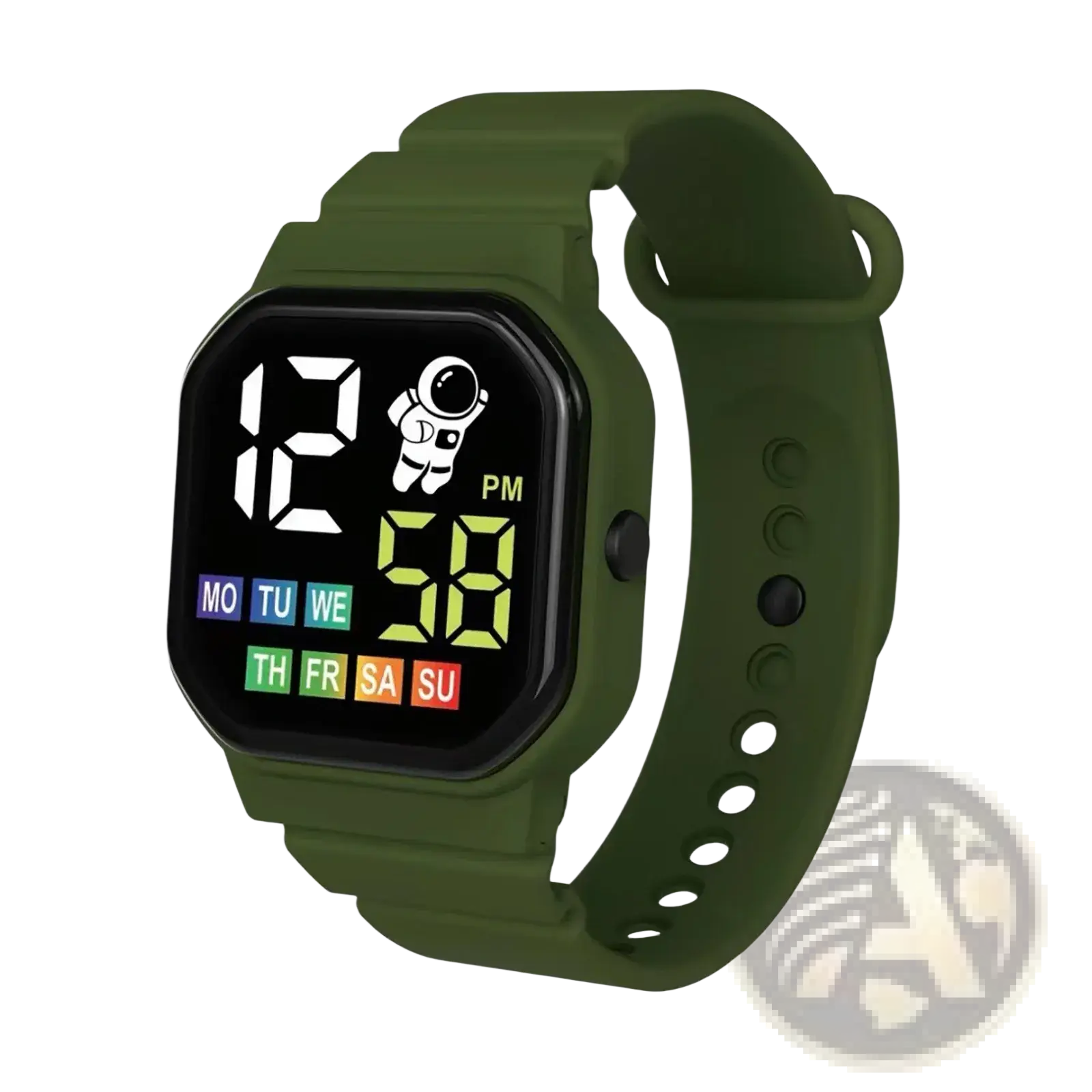 Kids astronaut led digital watch in olive green with square face displaying time day in white and yellow digits with astronaut graphic
