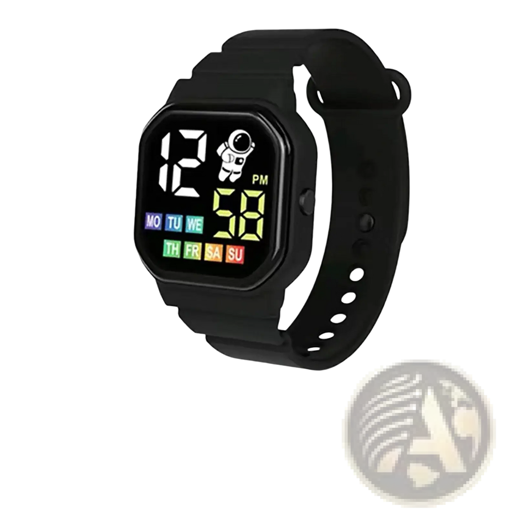 Kids astronaut led digital watch white with a black square face showing colorful led time and astronaut graphic display