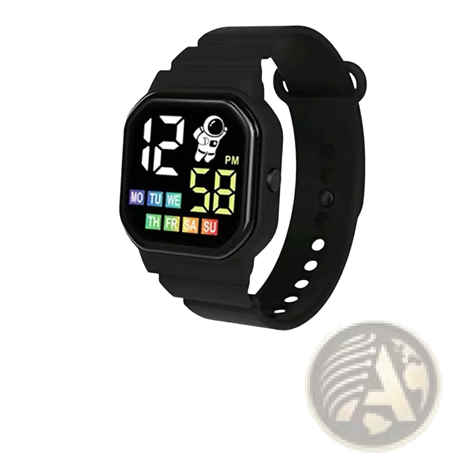 Kids astronaut led digital watch white with a black square face showing colorful led time and astronaut graphic display