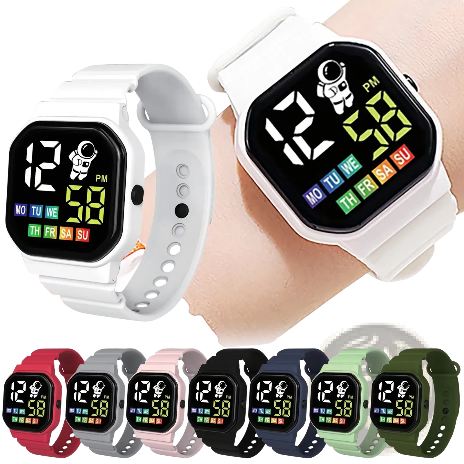 Kids astronaut led digital white watch featuring a colorful led display and astronaut design for children