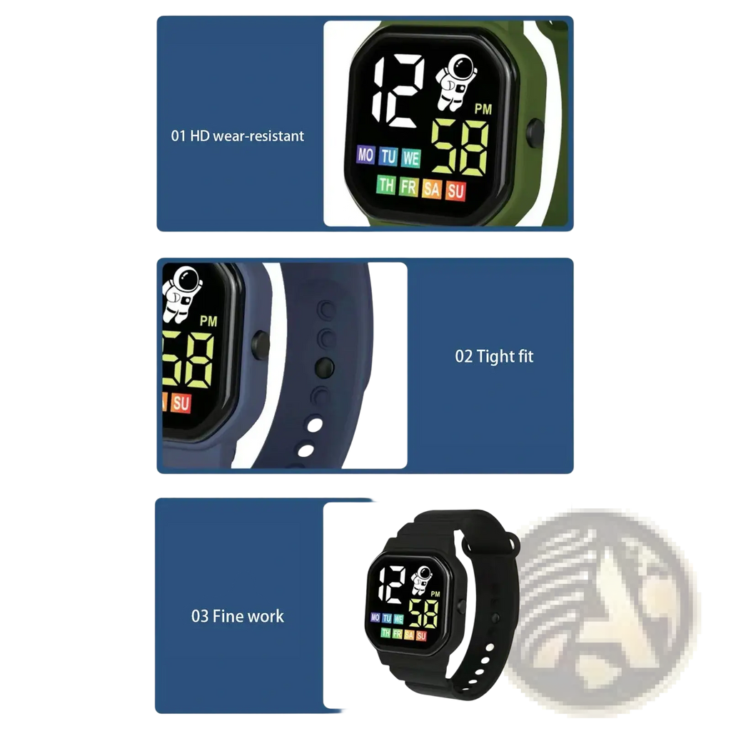 Kids astronaut LED digital watch in white with green and black design featuring a cartoon astronaut icon display