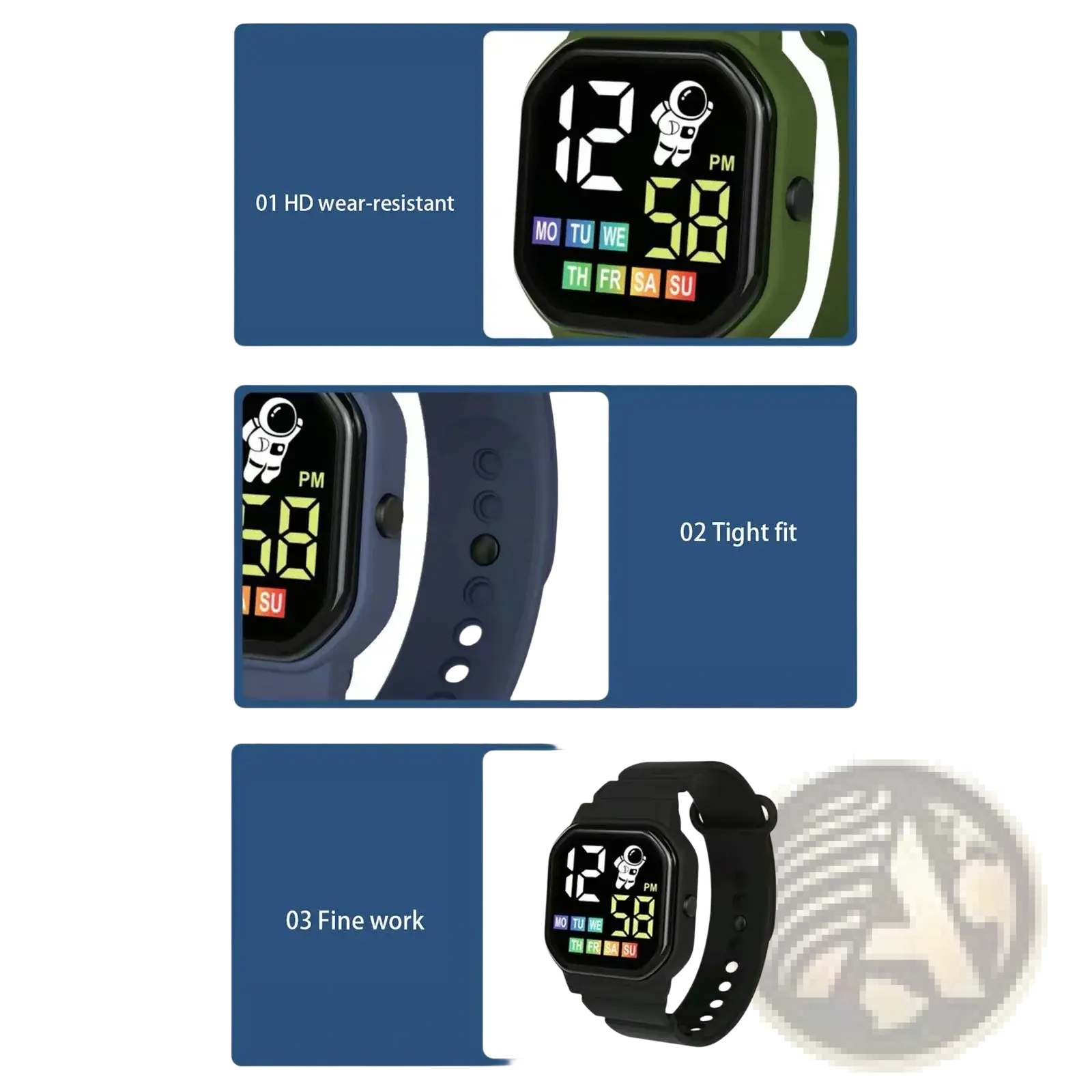 Kids astronaut LED digital watch in white with green and black design featuring a cartoon astronaut icon display