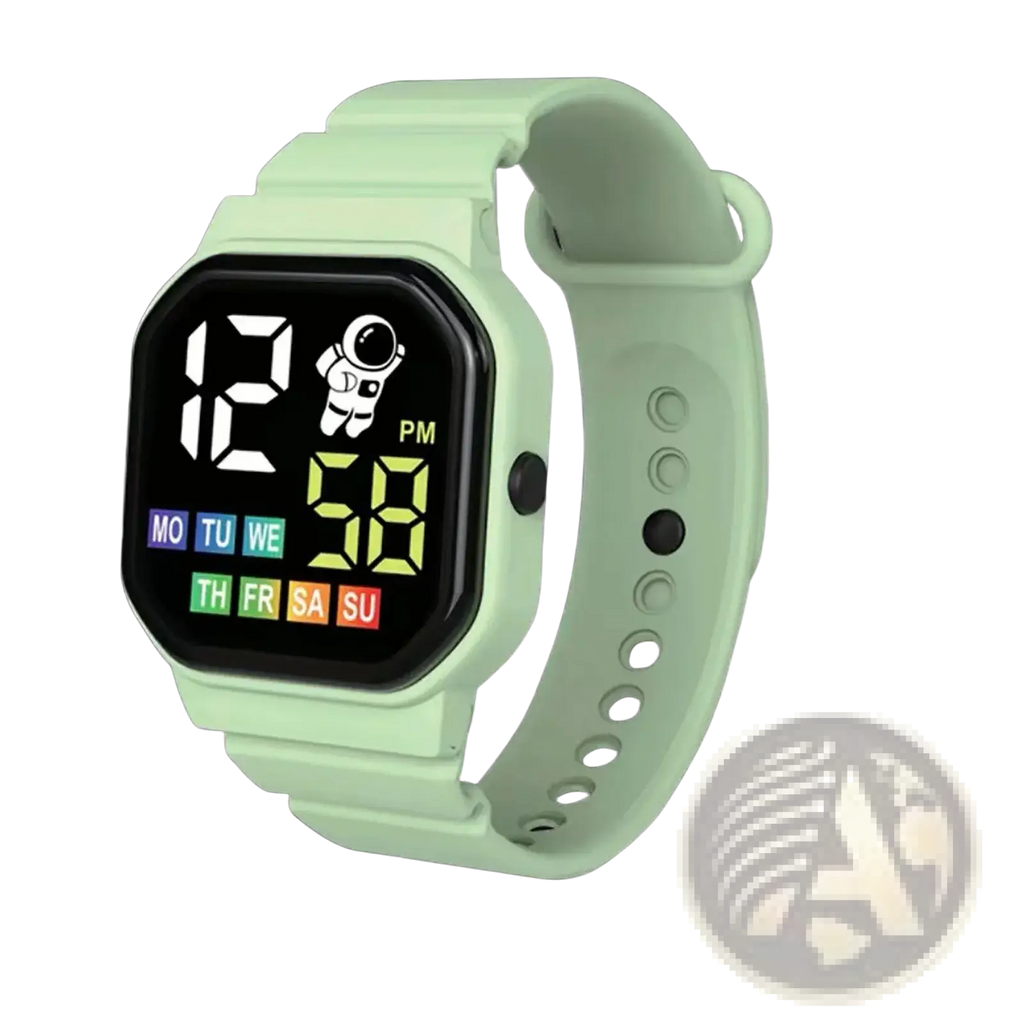 Light green kids astronaut led digital watch with softening tpu strap and astronaut-themed display