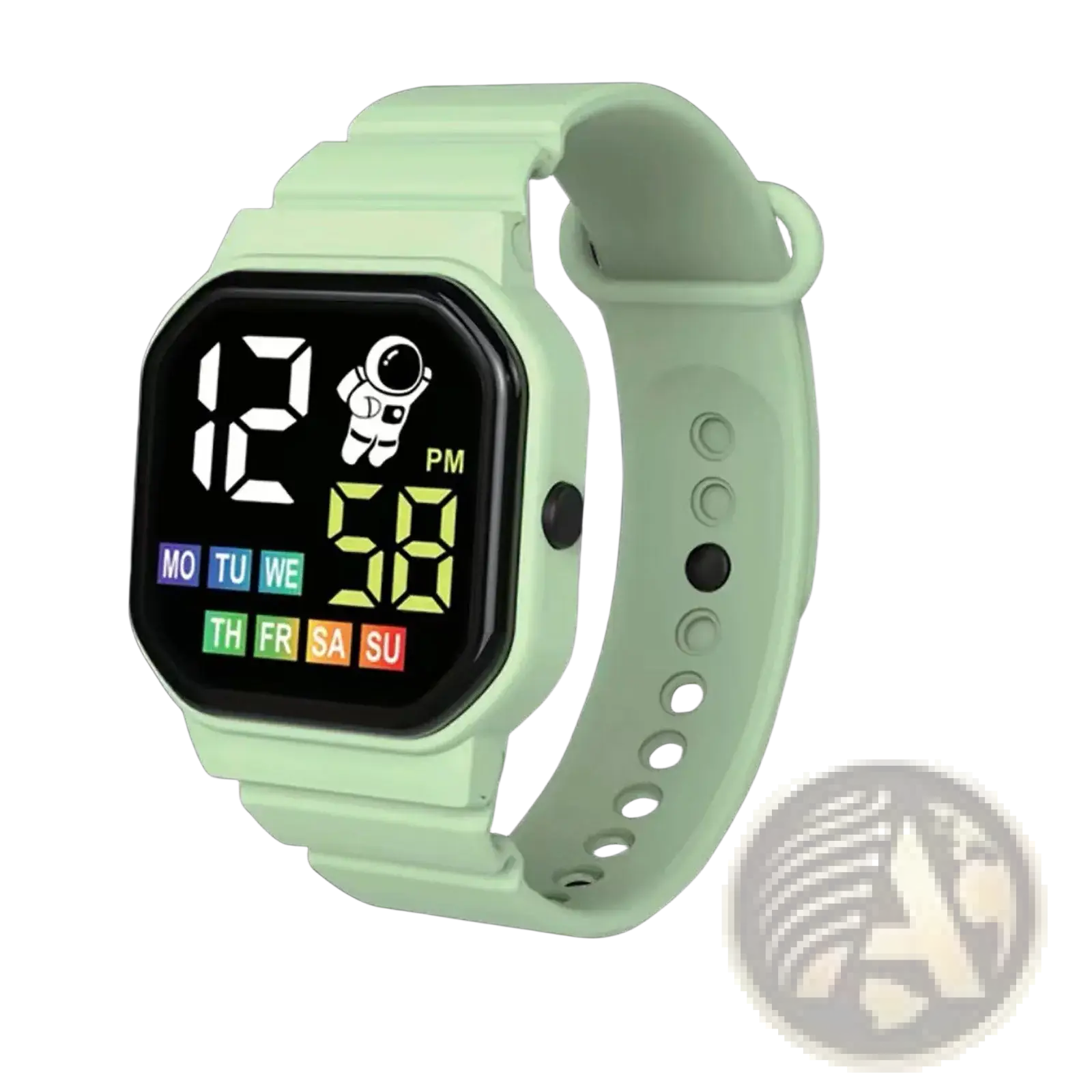 Light green kids astronaut led digital watch with softening tpu strap and astronaut-themed display