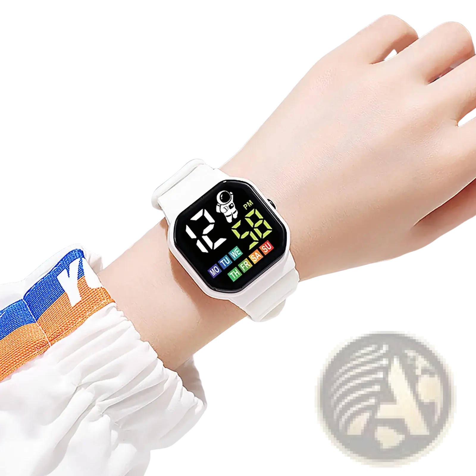 Kids astronaut led digital watch white with square face colorful led display showing time day and astronaut graphic
