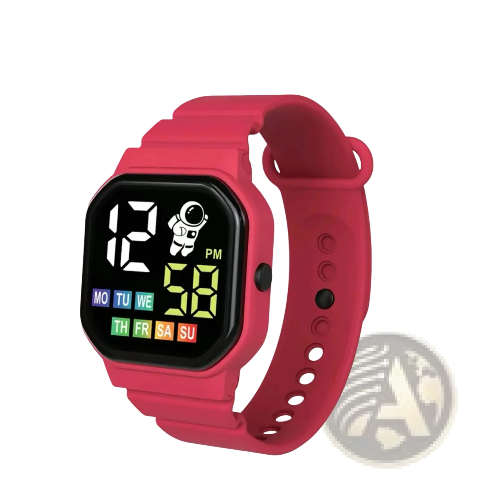 Kids astronaut led digital watch white featuring a vibrant red casing with black display and astronaut icon showing time and day